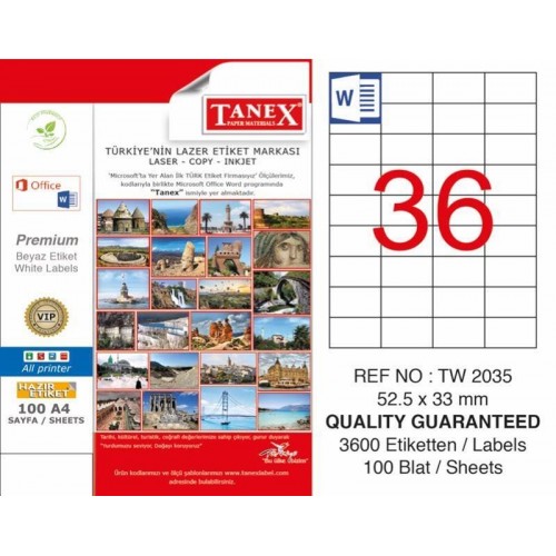 Tanex TW-2035 Laser Etiketi 52,5 x 33 mm Tanex TW-2035 Laser Etiketi 52,5 x 33 mm