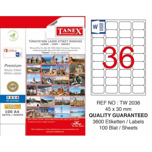 Tanex TW-2036 Laser Etiketi 45 x 30 mm Tanex TW-2036 Laser Etiketi 45 x 30 mm