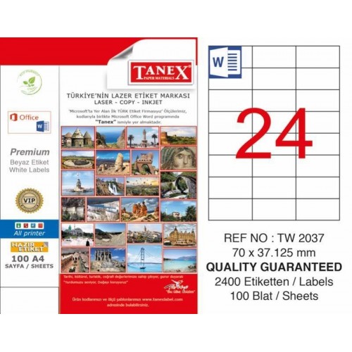Tanex TW-2037 Laser Etiketi 70 x 37,125 mm Tanex TW-2037 Laser Etiketi 70 x 37,125 mm