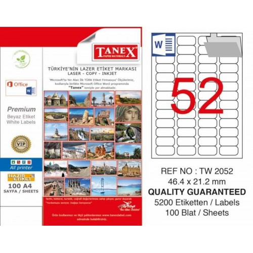 Tanex TW-2052 Laser Etiketi 46,4 x 21,2 mm Tanex TW-2052 Laser Etiketi 46,4 x 21,2 mm