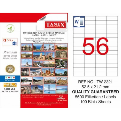 Tanex TW-2321 Laser Etiketi 52,5 x 21,2 mm Tanex TW-2321 Laser Etiketi 52,5 x 21,2 mm